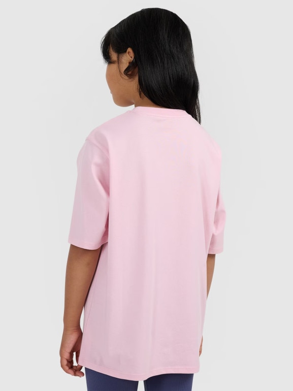 Dziewczęcy t-shirt oversize z nadrukiem 4F 4FJWAW25TTSHF2394 - różowy
