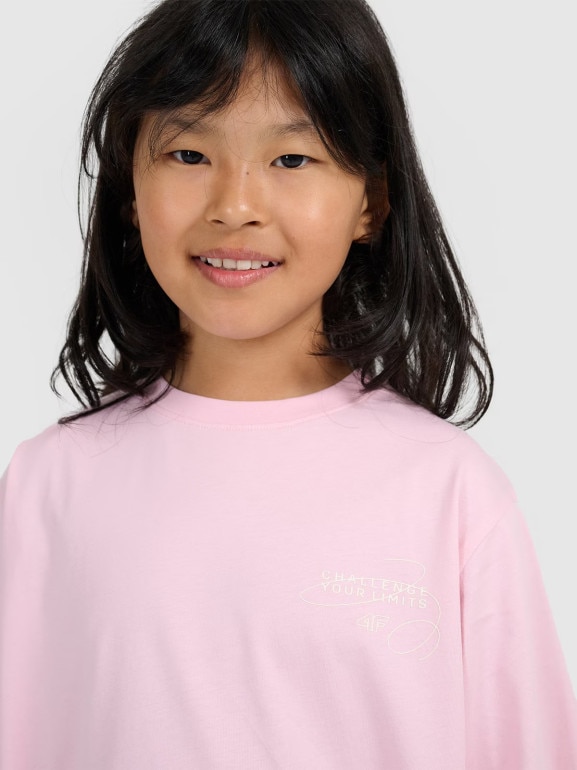 Dziewczęcy t-shirt oversize z nadrukiem 4F 4FJWAW25TTSHF2394 - różowy