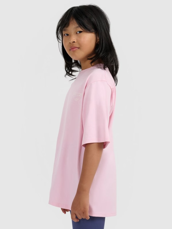 Dziewczęcy t-shirt oversize z nadrukiem 4F 4FJWAW25TTSHF2394 - różowy