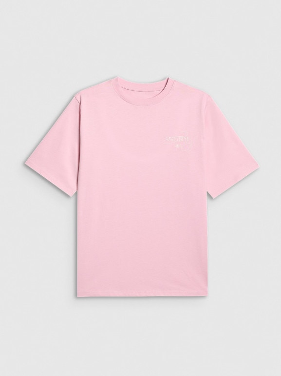 Dziewczęcy t-shirt oversize z nadrukiem 4F 4FJWAW25TTSHF2394 - różowy