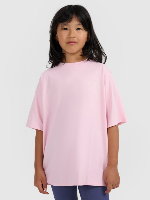 Dziewczęcy t-shirt oversize z nadrukiem 4F 4FJWAW25TTSHF2394 - różowy