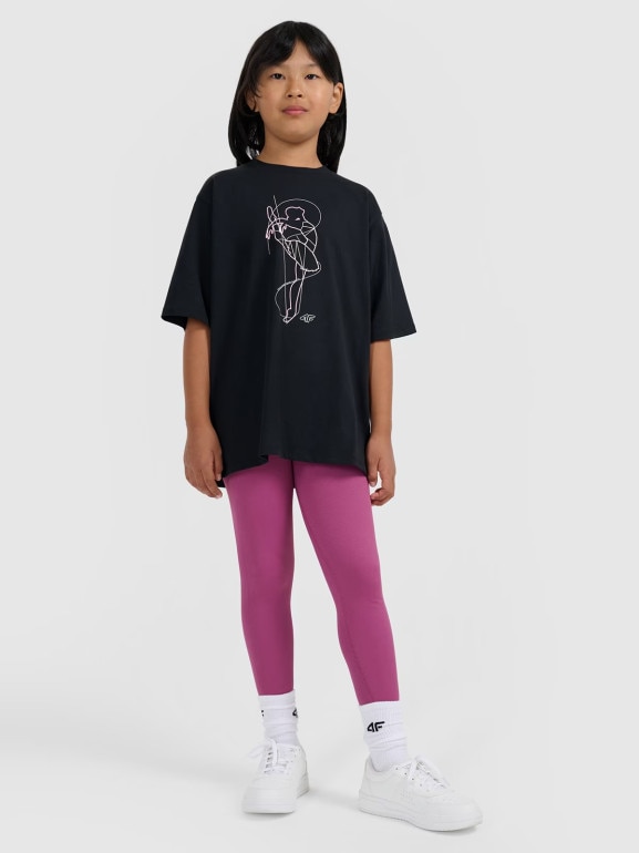 Dziewczęcy t-shirt oversize z nadrukiem 4F 4FJWAW25TTSHF2395 - czarny
