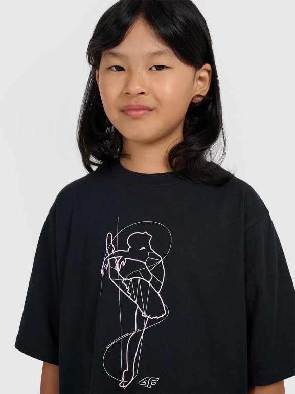 Dziewczęcy t-shirt oversize z nadrukiem 4F 4FJWAW25TTSHF2395 - czarny