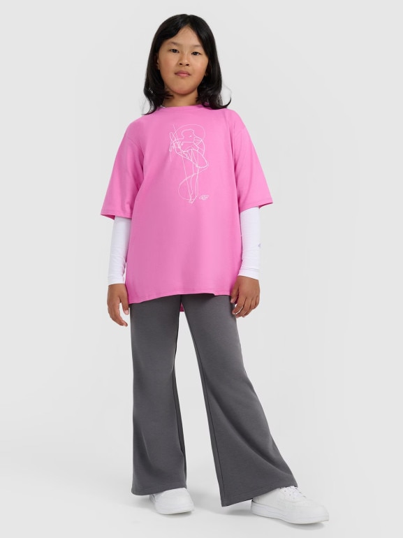 Dziewczęcy t-shirt oversize z nadrukiem 4F 4FJWAW25TTSHF2395 - różowy