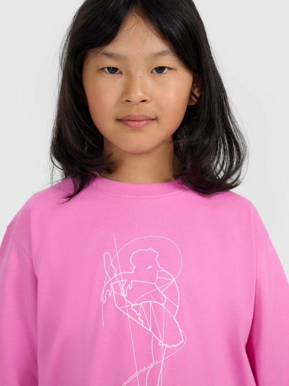 Dziewczęcy t-shirt oversize z nadrukiem 4F 4FJWAW25TTSHF2395 - różowy