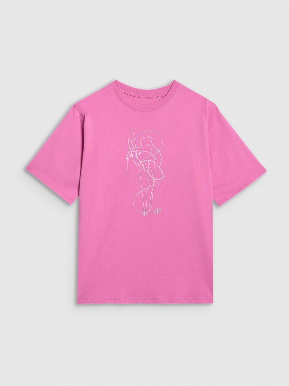 Dziewczęcy t-shirt oversize z nadrukiem 4F 4FJWAW25TTSHF2395 - różowy