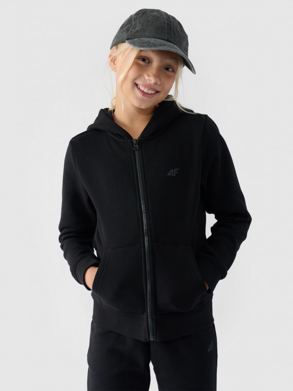 Dziewczęca bluza dresowa rozpinana z kapturem 4F 4FJWMM00TSWSF1315 - czarna