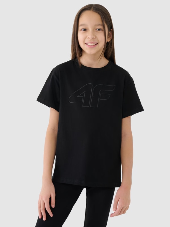 Dziewczęca koszulka oversize z nadrukiem 4F 4FJWMM00TTSHF2333 - czarna