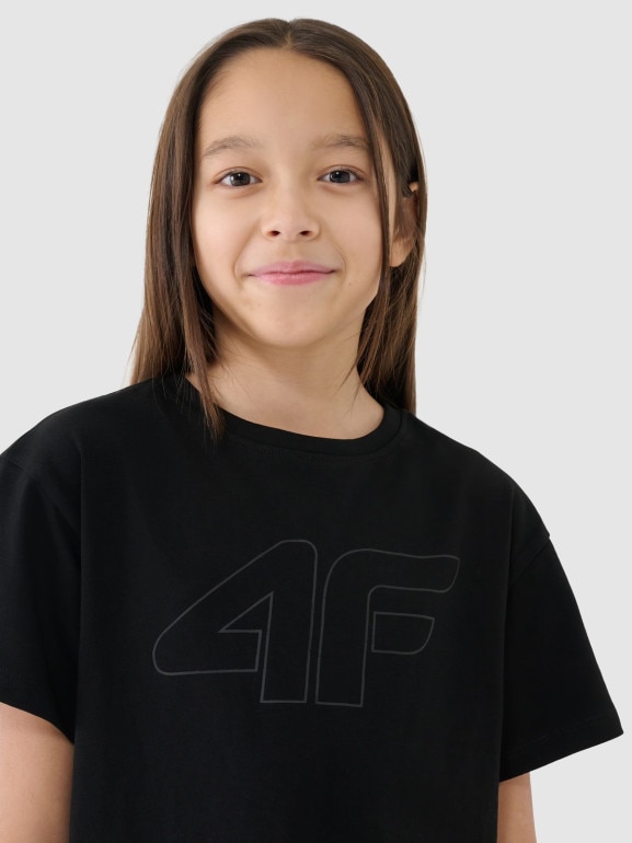 Dziewczęca koszulka oversize z nadrukiem 4F 4FJWMM00TTSHF2333 - czarna