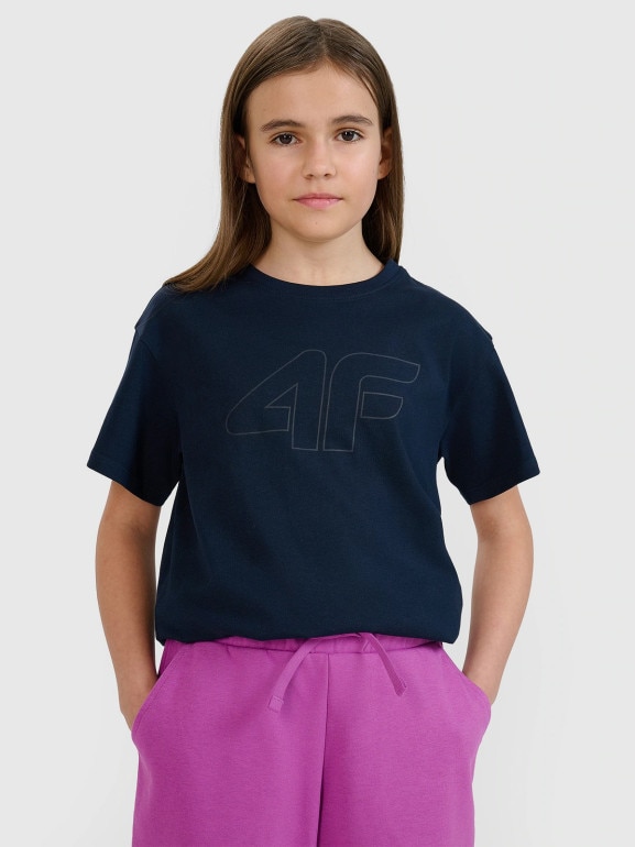 Dziewczęca koszulka oversize z nadrukiem 4F 4FJWMM00TTSHF2333 - granatowa