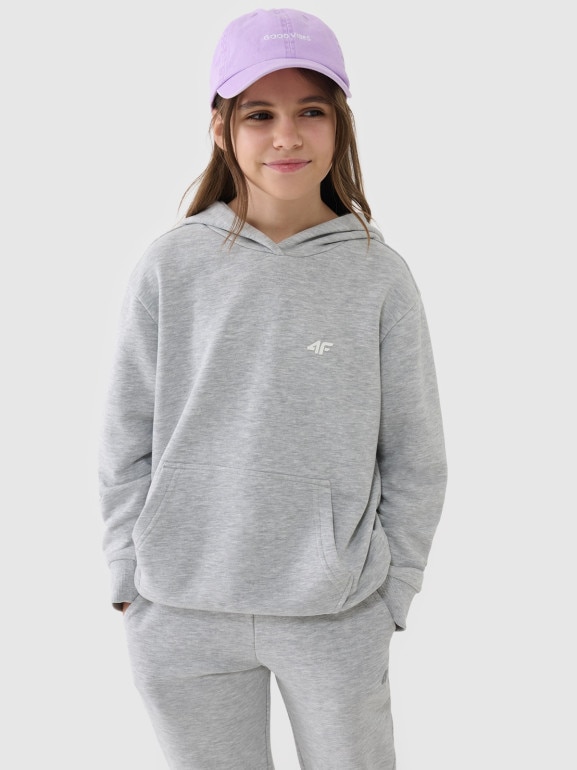 Dziewczęca bluza dresowa nierozpinana z kapturem 4F 4FJWSS25TSWSF1707 - szara