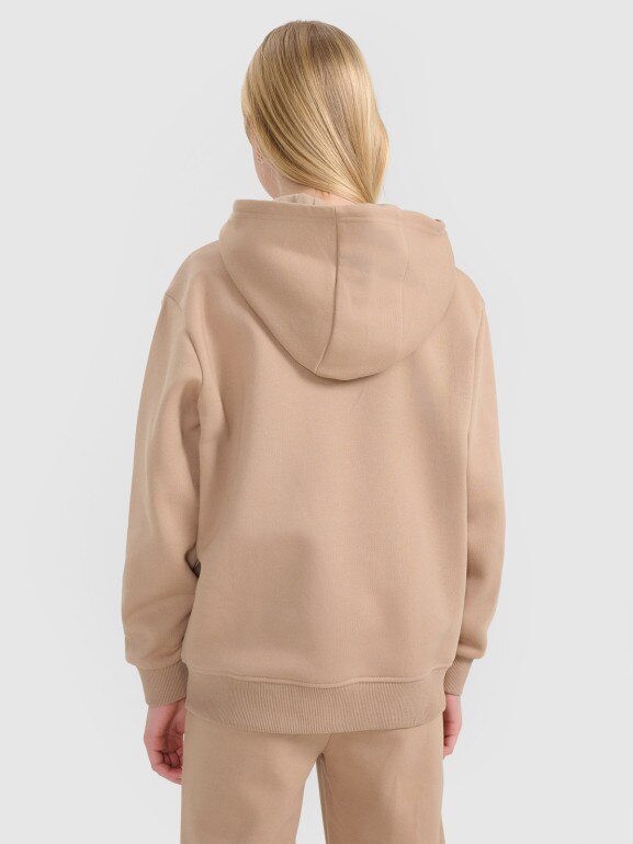 Dziewczęca bluza dresowa z kapturem rozpinana 4F 4FJWSS25TSWSF1853 - beżowa