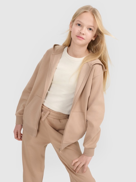 Dziewczęca bluza dresowa z kapturem rozpinana 4F 4FJWSS25TSWSF1853 - beżowa
