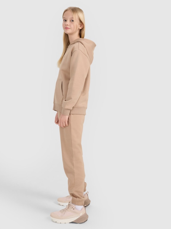 Dziewczęca bluza dresowa z kapturem rozpinana 4F 4FJWSS25TSWSF1853 - beżowa