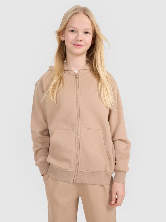 Dziewczęca bluza dresowa z kapturem rozpinana 4F 4FJWSS25TSWSF1853 - beżowa