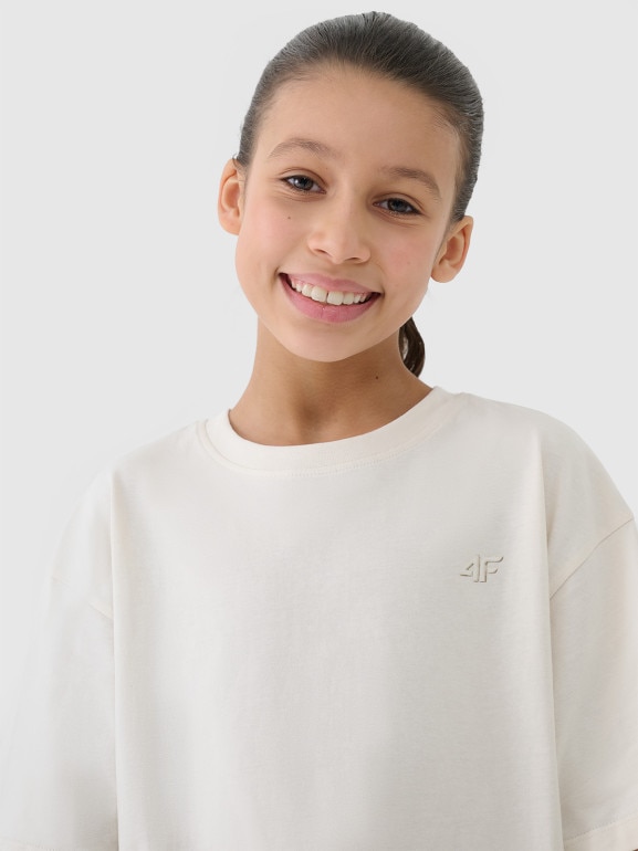 Dziewczęcy t-shirt oversize 4F 4FJWSS25TTSHF1851 - beżowy