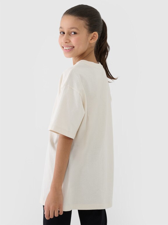 Dziewczęcy t-shirt oversize 4F 4FJWSS25TTSHF1851 - beżowy