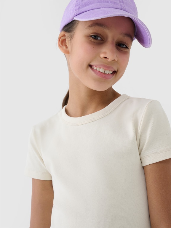 Dziewczęcy top basic t-shirt 4F 4FJWSS25TTSHF1852 - beżowy