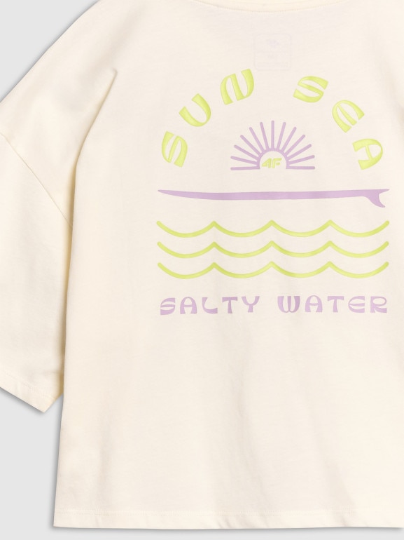 Dziewczęcy t-shirt crop top z nadrukiem 4F 4FJWSS25TTSHF1868 - biały