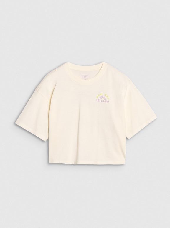 Dziewczęcy t-shirt crop top z nadrukiem 4F 4FJWSS25TTSHF1868 - biały