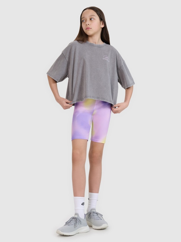 Dziewczęcy t-shirt crop top z nadrukiem 4F 4FJWSS25TTSHF1868 - szary