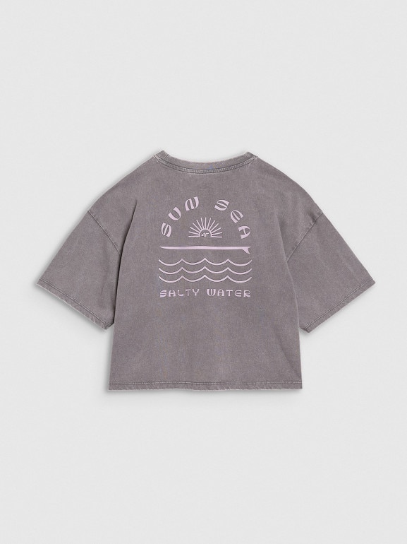 Dziewczęcy t-shirt crop top z nadrukiem 4F 4FJWSS25TTSHF1868 - szary