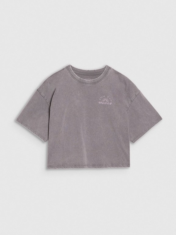 Dziewczęcy t-shirt crop top z nadrukiem 4F 4FJWSS25TTSHF1868 - szary