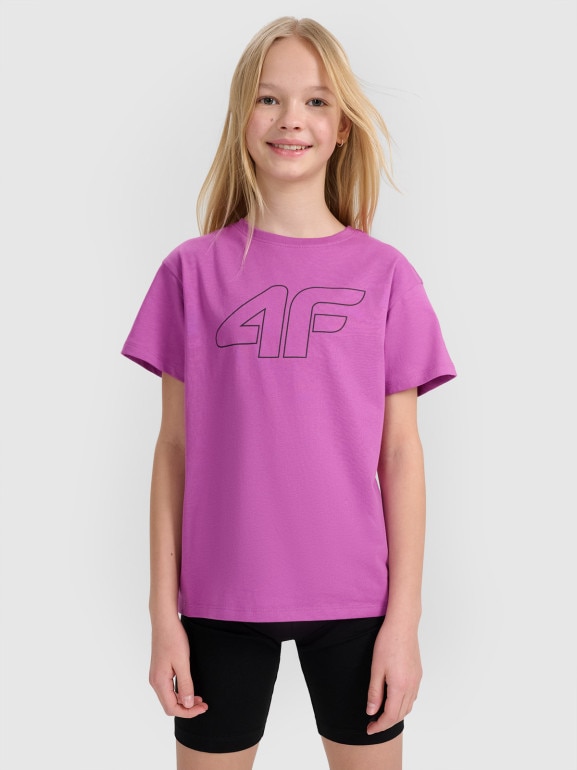 Dziewczęcy t-shirt z nadrukiem 4F 4FJWSS25TTSHF2327 - fioletowy