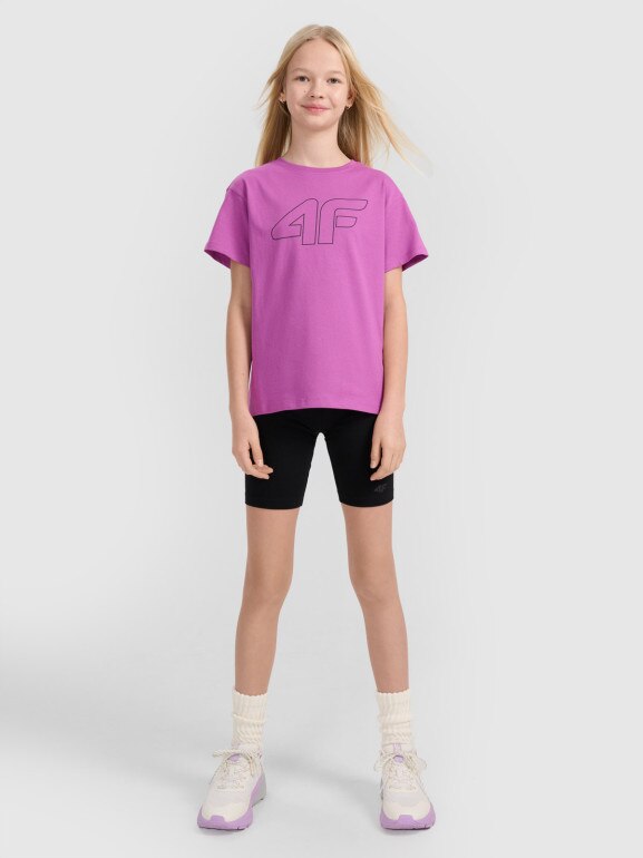 Dziewczęcy t-shirt z nadrukiem 4F 4FJWSS25TTSHF2327 - fioletowy