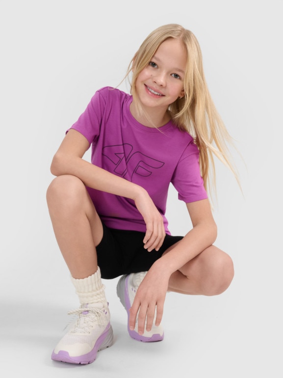 Dziewczęcy t-shirt z nadrukiem 4F 4FJWSS25TTSHF2327 - fioletowy