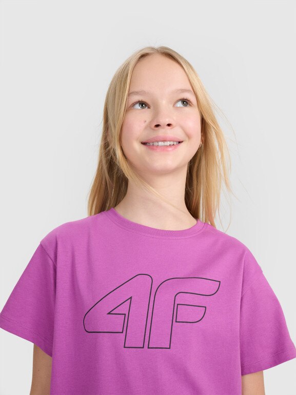 Dziewczęcy t-shirt z nadrukiem 4F 4FJWSS25TTSHF2327 - fioletowy