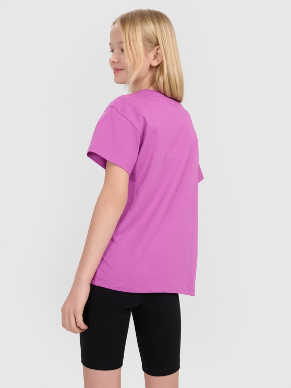 Dziewczęcy t-shirt z nadrukiem 4F 4FJWSS25TTSHF2327 - fioletowy