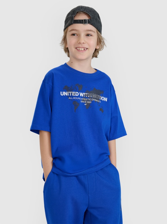 Chłopięcy t-shirt z nadrukiem 4F 4FJWSS25TTSHM1880 - niebieski