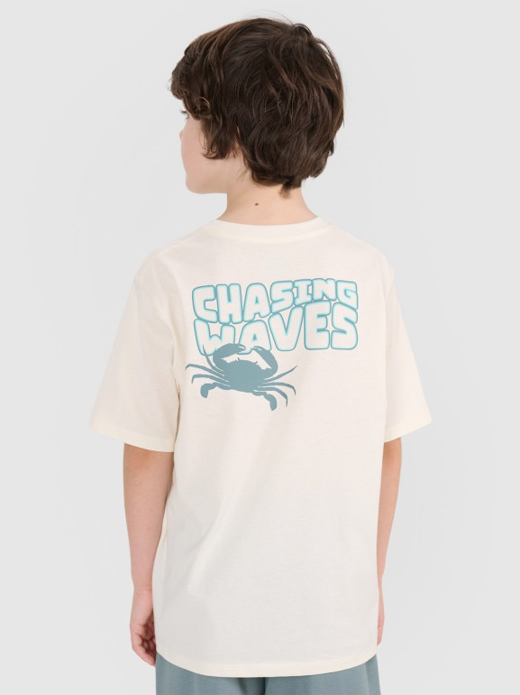 Chłopięcy t-shirt z nadrukiem 4F 4FJWSS25TTSHM1914 - biały