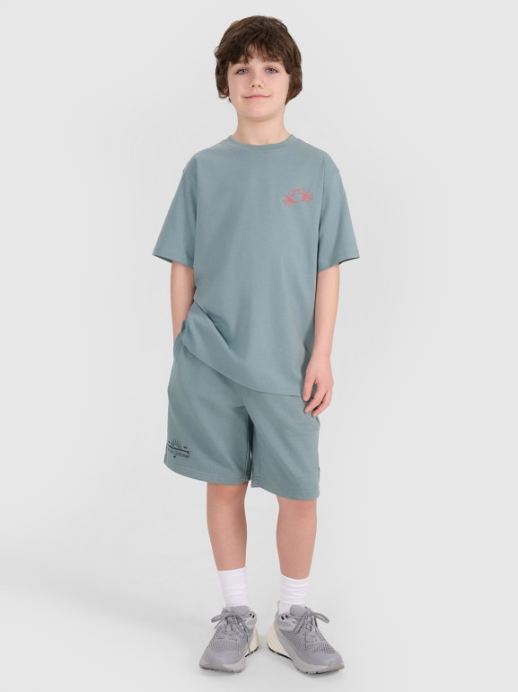 Chłopięcy t-shirt z nadrukiem 4F 4FJWSS25TTSHM1914 - turkusowy