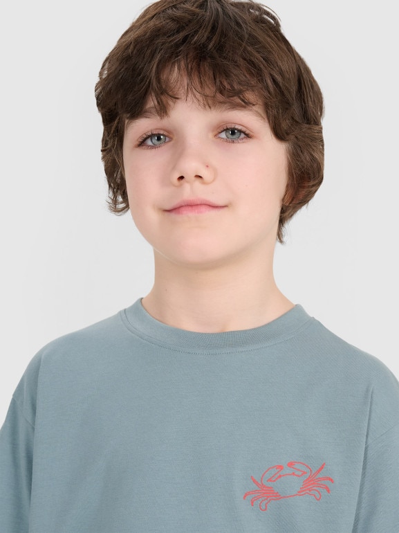 Chłopięcy t-shirt z nadrukiem 4F 4FJWSS25TTSHM1914 - turkusowy