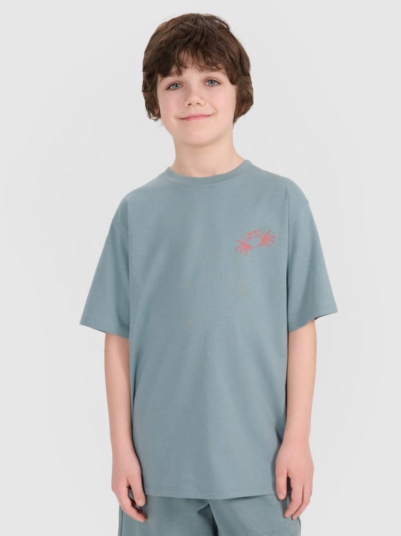 Chłopięcy t-shirt z nadrukiem 4F 4FJWSS25TTSHM1914 - turkusowy