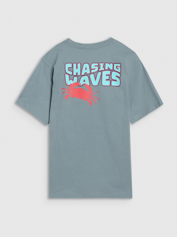 Chłopięcy t-shirt z nadrukiem 4F 4FJWSS25TTSHM1914 - turkusowy