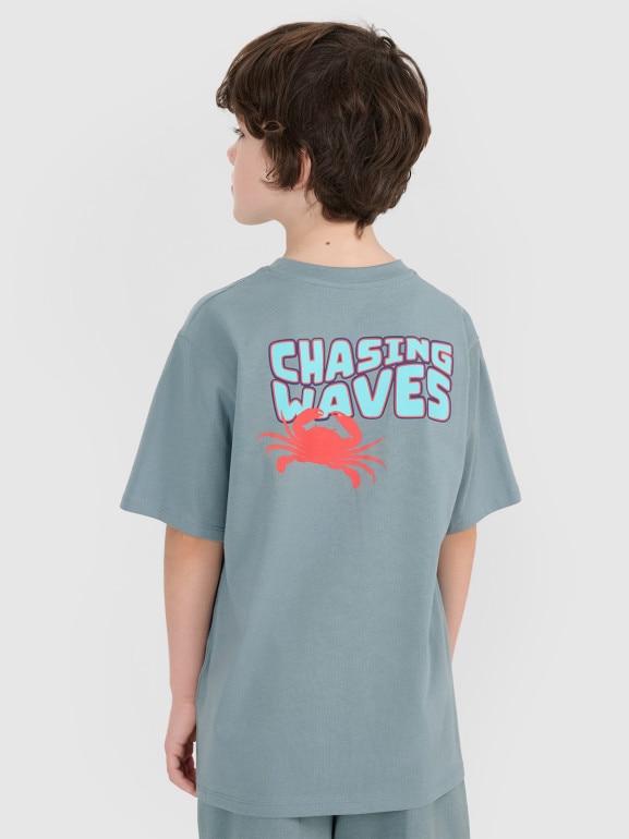Chłopięcy t-shirt z nadrukiem 4F 4FJWSS25TTSHM1914 - turkusowy
