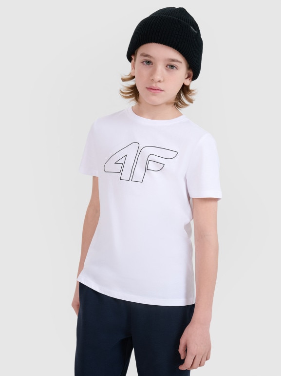 Chłopięcy t-shirt z nadrukiem 4F 4FJWSS25TTSHM2179 - biały