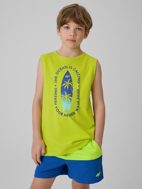 Chłopięca koszulka bez rękawów z nadrukiem 4F 4FJWSS26TSLEM294 - zielona