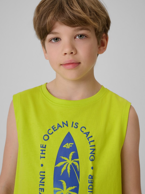 Chłopięca koszulka bez rękawów z nadrukiem 4F 4FJWSS26TSLEM294 - zielona
