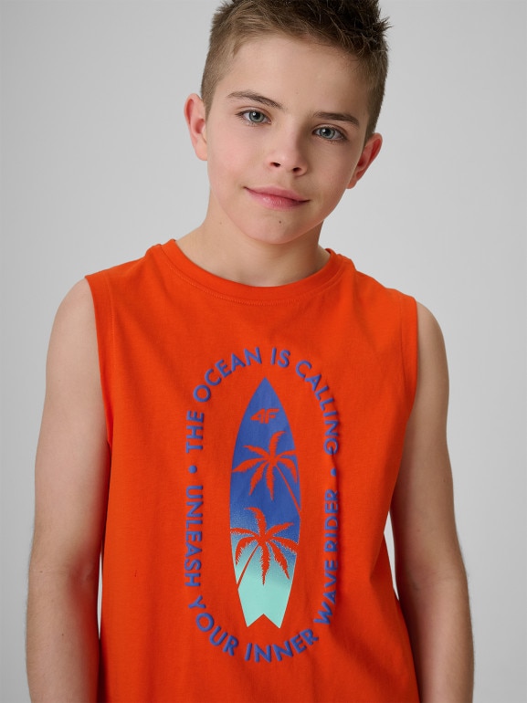 Chłopięca koszulka bez rękawów z nadrukiem 4F 4FJWSS26TSLEM294 - czerwona
