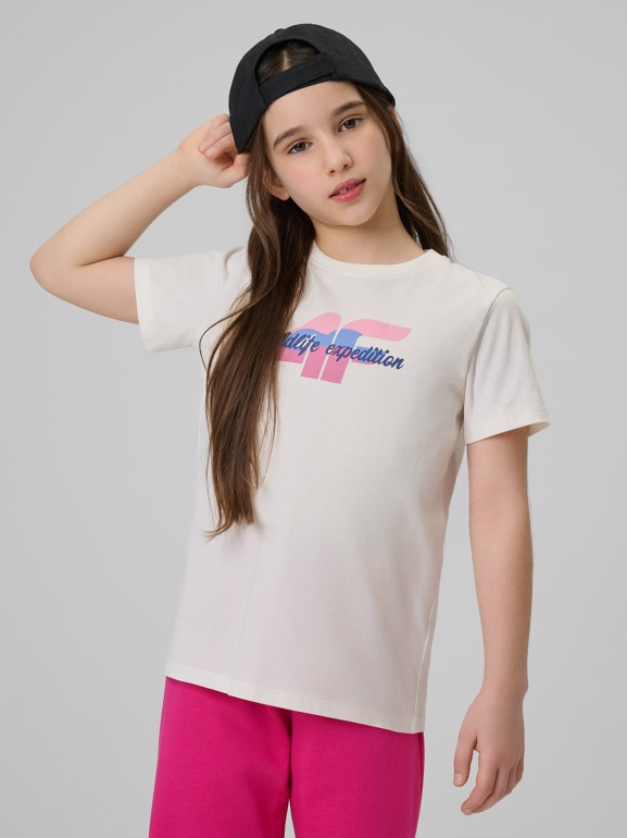 Dziewczęcy t-shirt z nadrukiem 4F 4FJWSS26TTSHF2885 - kremowy