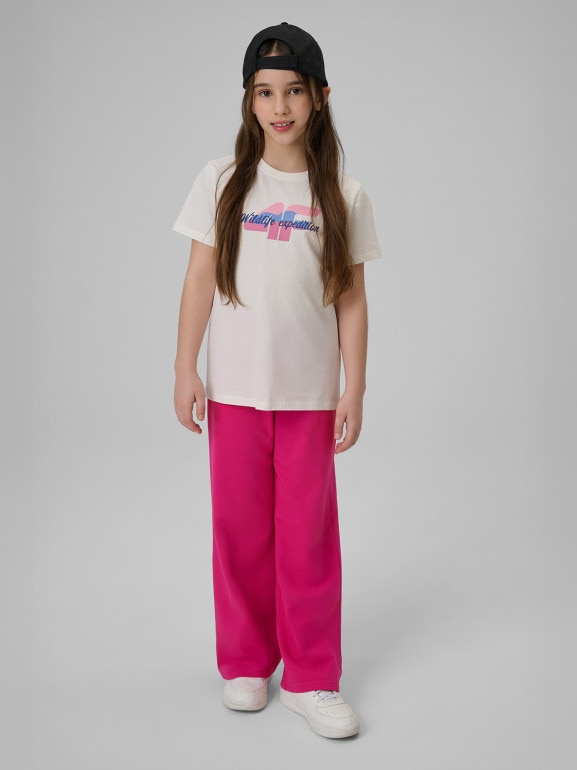 Dziewczęcy t-shirt z nadrukiem 4F 4FJWSS26TTSHF2885 - kremowy