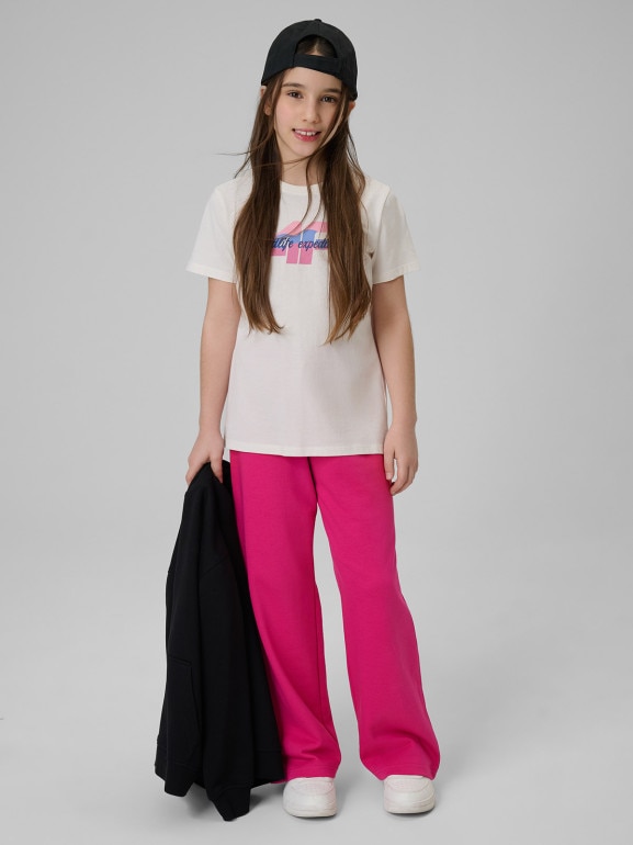 Dziewczęcy t-shirt z nadrukiem 4F 4FJWSS26TTSHF2885 - kremowy