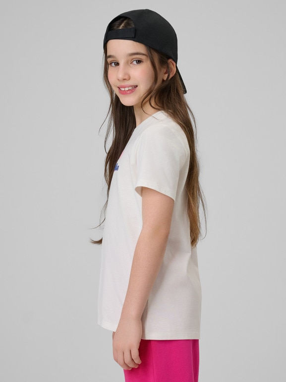 Dziewczęcy t-shirt z nadrukiem 4F 4FJWSS26TTSHF2885 - kremowy