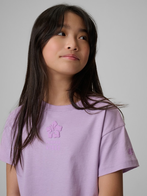 Dziewczęcy t-shirt z nadrukiem 4F 4FJWSS26TTSHF2941 - fioletowy
