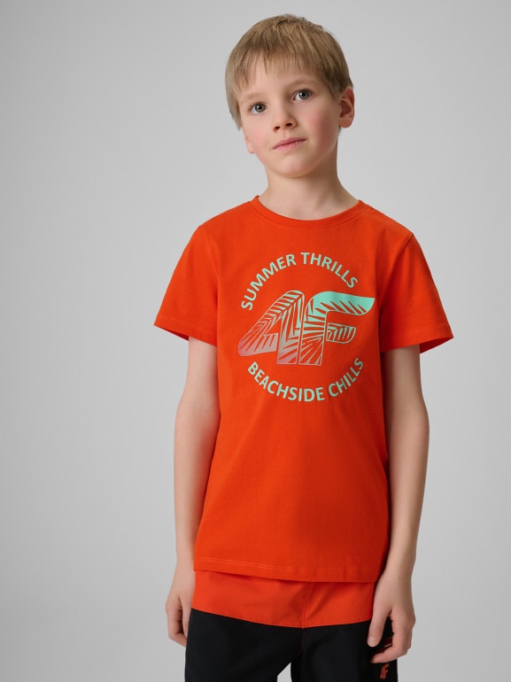 Chłopięcy t-shirt z nadrukiem 4F 4FJWSS26TTSHM3284 - czerwony
