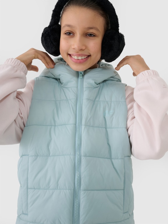 Dziewczęcy bezrękawnik puchowy pikowany 4F 4FJWSS25TVJAF166 - turkusowy